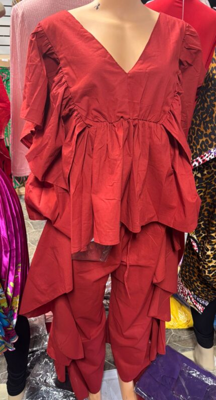 Puff Sleeve Top & Ruffled Trouser Set For Women